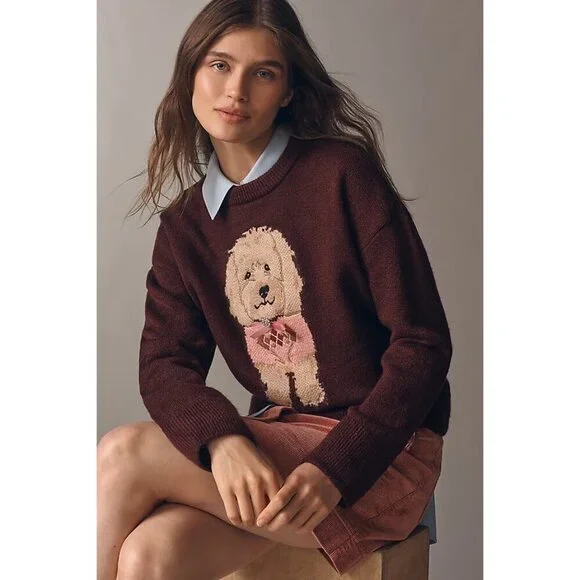Maeve Anthropologie 3D Dog Pullover Sweater Maroon Brown XL - Picture 3 of 4